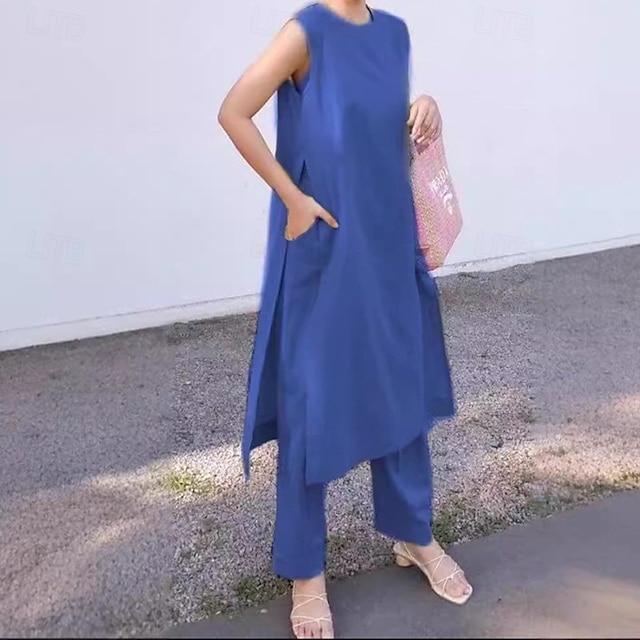  Femmes Mode Streetwear Ensembles en coton et lin Ensembles de Pantalons Manche Courte Col ras du cou Uni Tenue quotidienne Date Rose Claire Bleu Vert Été Coupe régulière