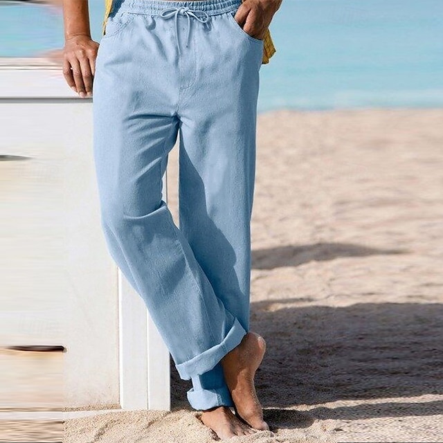  Homens Calças de linho Calças Calça verão Calças de praia Com Cordão Cintura elástica Perna reta Tecido Conforto Respirável Comprimento total Casual Diário Feriado Férias Moda Branco Azul Céu