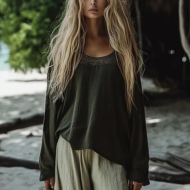 Femmes Chemises en coton et lin Chemisier occidental Uni Bohème ancien Boho manche longue Col ras du cou Hauts Réguliers Quotidien Fête Patchwork Vert Véronèse Été