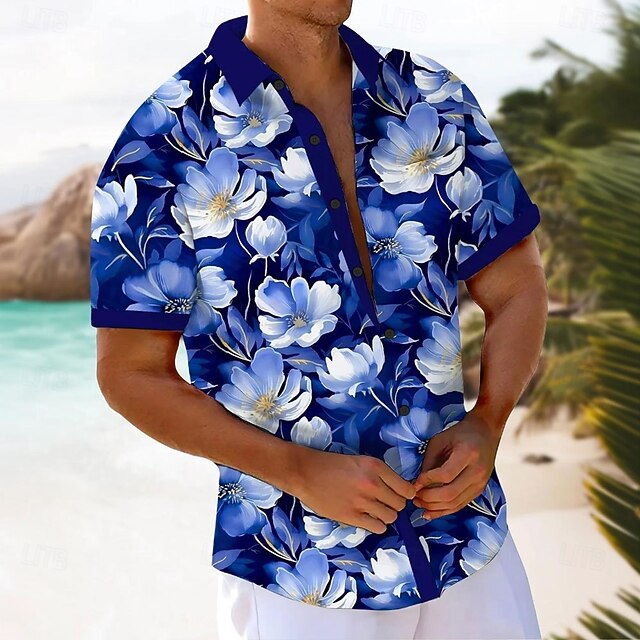 Men's Floral Print Flowers Shirt Summer Shirt Button Up Shirt Short Sleeve Fashion Casual Outdoor Vacation Dailywear Summer Spring Turndown 3D Print Collared Shirts Dark Blue4