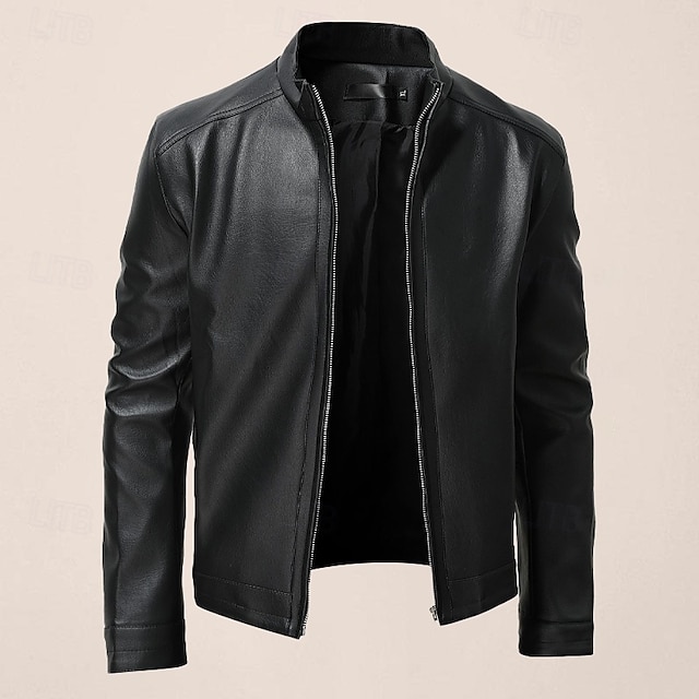  Male Faux Leather Jacket Transition Jacket Casual Daily Zipper All Seasons Pure Color Outdoor Standing Collar Faux Leather Black Jacket