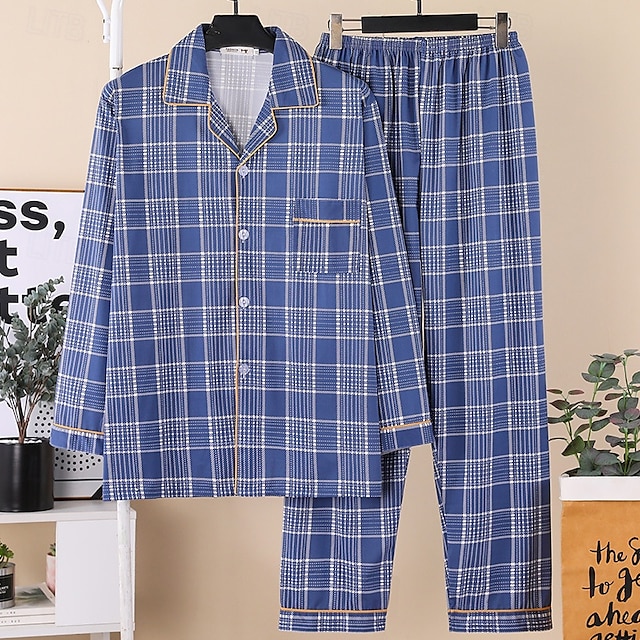  Voor heren Nachtkleding Pyjamaset Pyjamatop en broek 1 set Ruitjes Modieus Stijlvol Klassiek Huis Dagelijks Bed Polyester Comfort Zacht Revers Lange mouw Cardigan Pantalon Elastische taille Lente