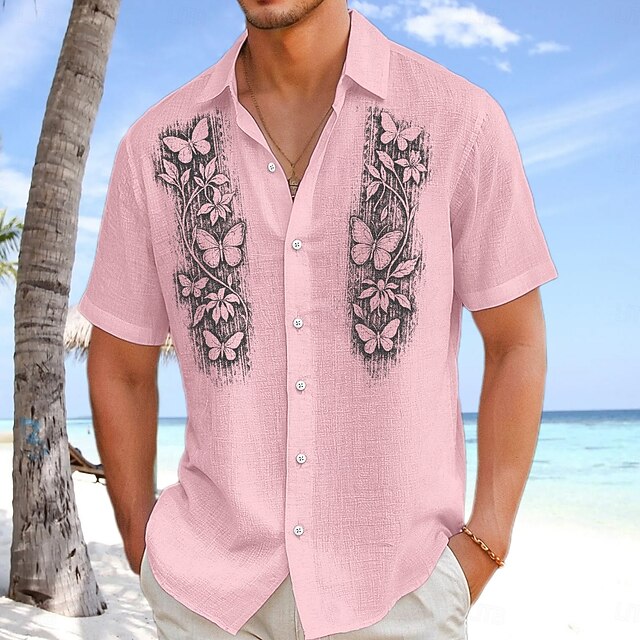  Men's Shirt Linen Shirt Summer Shirt Beach Wear Button Up Shirt Solid Color Vacation Curise Black White Pink Navy Blue Short Sleeve Collar Summer Spring & Summer Clothing Apparel Color Block