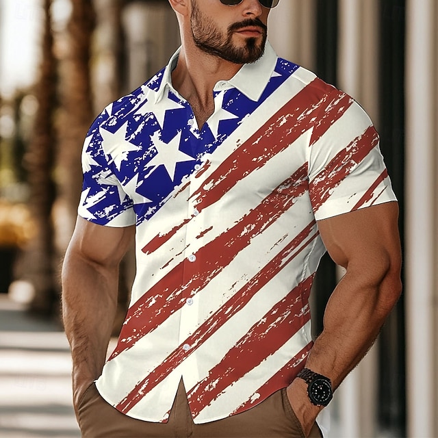  Itsenäisyyspäivä Miesten Yhdysvaltain Yhdysvaltain lippu Patriotismi Neljäs heinäkuuta Paita Kesä paita Button Up paita Lyhythihainen Muoti rento ulko- Pyhäpäivä Kesä Kevät Sänkyjen avaus 3D-tulostus
