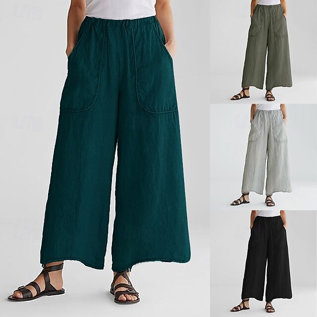  Mujer Pantalones de lino y algodón pantalones Moda Ropa de calle Longitud total Cintura Media Plano Bolsillo Cintura elástica Confortable Al Aire Libre Cómodo Vacaciones Noche Negro Verde Ejército