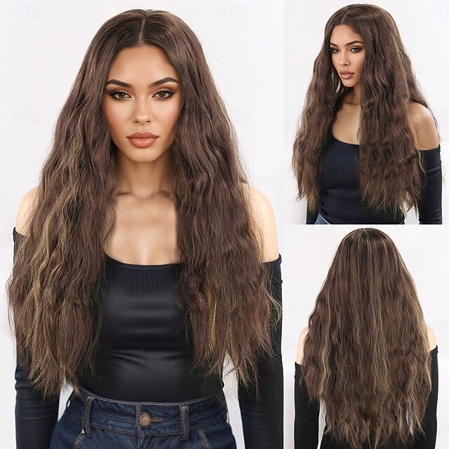  Perruque Synthétique Ondulé Micro Locs Coupe dégradée Avec frange Fabriqué à la Machine Perruque 28 pouces A1 Cheveux synthétiques Femmes Classique Confortable Dégradé de couleur Marron