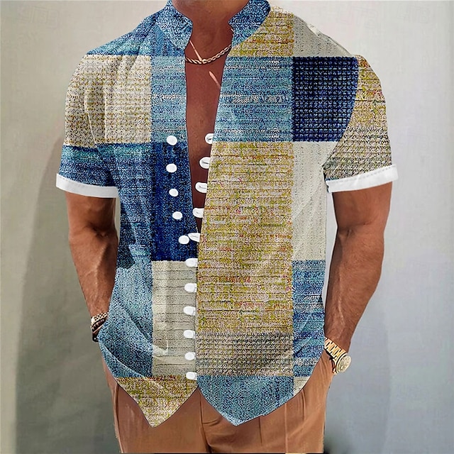  Voor heren Geometrisch Kleurenblok Lapwerk Overhemd Overhemd met knopen Overhemd met staande kraag Korte mouw Mode-casual Vakantie Dagelijks Zomer Lente Mandarijn Kraag 3D-afdrukken Linnenachtig shirt