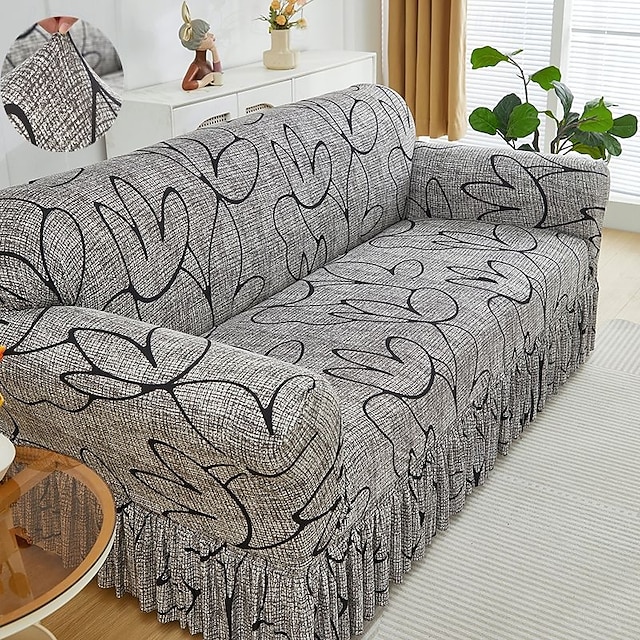  Funda de sofá de 1 pieza con volante, moderna, elástica, ajustada, con detalles elásticos, lavable a máquina, con impresión reactiva, adecuada para sillones, sofás dobles, triples y cuádruples.