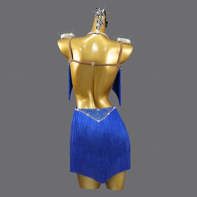 Robe De Danse Latine Compétition MS 911 – Bleu Franges Perles, Taille US8/UK10