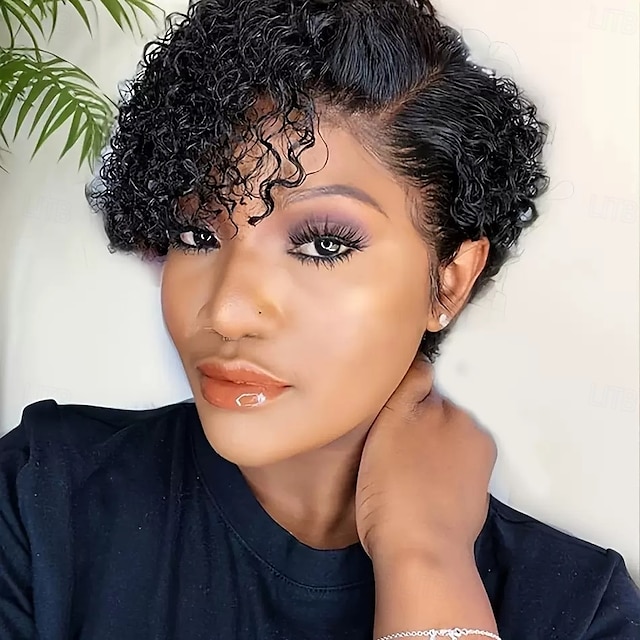  Parrucca bob con capelli umani, parrucche corte frontali in pizzo per donne nere, parrucca con capelli umani, taglio pixie, parrucca pre-pizzicata con parte a T e pizzo frontale con capelli per