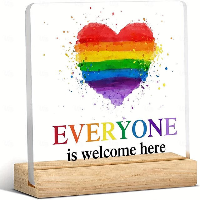  Dekoratives Schreibtischschild mit Aufschrift „Pride“, Acrylschild mit Holzständer, „Love is love“, Regenbogenmotiv, dekoratives Schreibtischschild mit Holzständer, LGBTQ Pride Month, Bürotisch-Regaldekor, Partyzubehör
