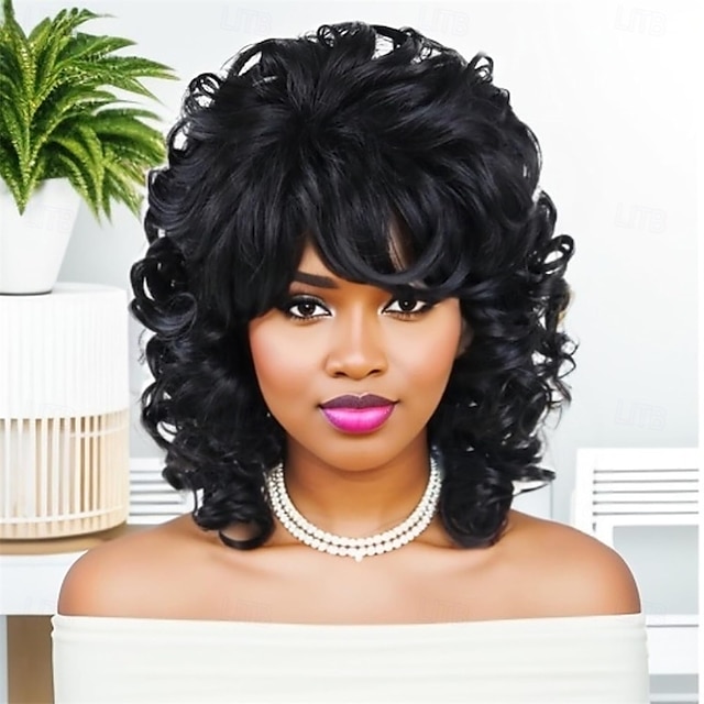  1970s Schouder Lengte Synthetische Haar Wig voor Vrouwen Mix Bruin Golvend Krullende Wig met Pony Dikke Bounce Chocolade Bruin Haar Vervangingswig Kostuum Feest Dagelijks Gebruik Halloween Wigs
