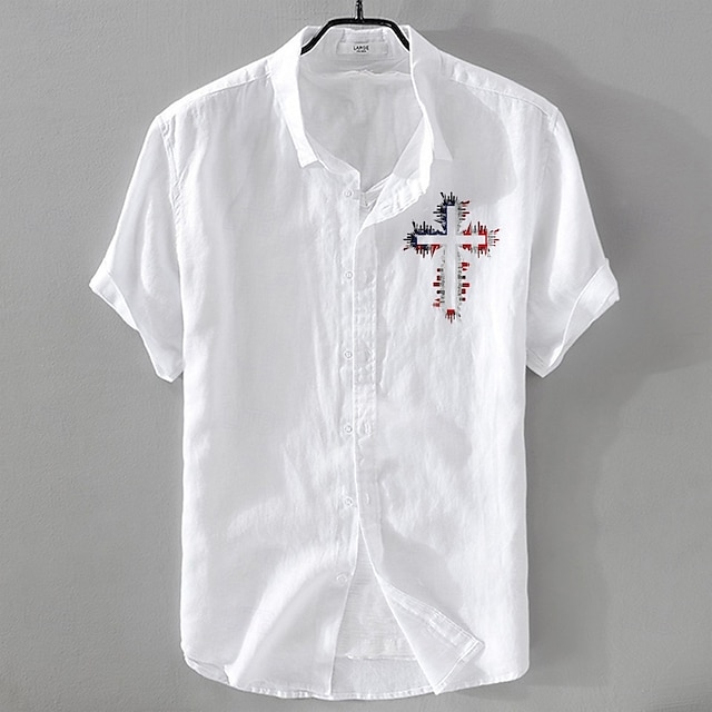  Herren Leinenhemd Freizeithemd Baumwoll-Leinen-Hemd Knopfhemd Muster Urlaub Straße Weiß Dunkelmarine Himmelblau Khaki Kurzarm Revers Sommer Bekleidung Schnalle