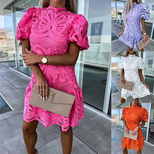  Damskie Sukienka mini Sukienki z bawełny i lnu Codzienne sukienki Moda Na zewnątrz Impreza Święto Regularny Równina Krótki rękaw Golf Biały Fioletowy Czerwona róża Lato