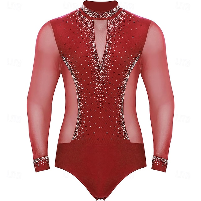  Men's Shiny Rhinestone Mock Neck Latin Tango Dance Shirt Latin Tango Training Performance Bodysuit