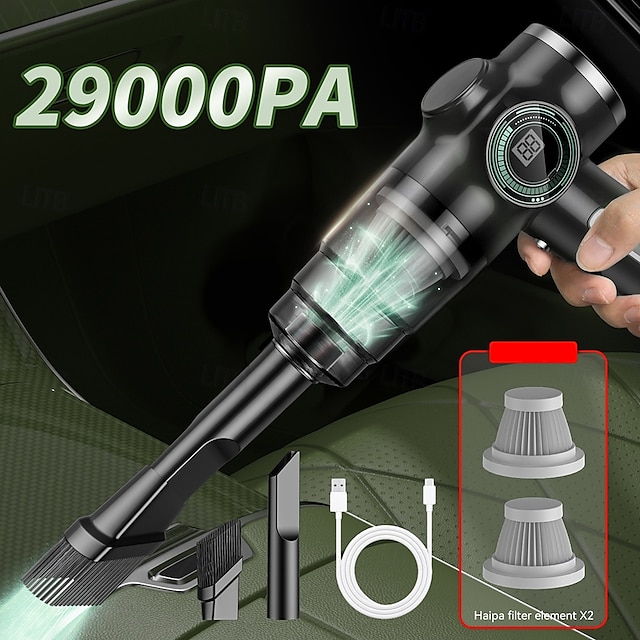  Bezdrátový vysavač do auta s výkonným sacím výkonem 29 000 Pa, přenosný ruční mokro-suchý čistič 5 v 1 s dvojitým použitím a nástavci