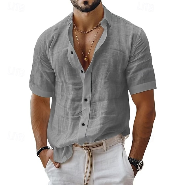  Per uomo Camicia Camicia di lino Camicia casual Camicia con Bottoni Camicia di cotone Semplice Vacanza Streetwear Nero Bianco Verde chiaro Rosa Manica Corta Collo ripiegato Estate Abbigliamento