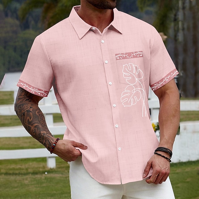  Hombre Hoja de palma Plantas tropicales Camisa camisa hawaiana Manga Corta Hawaiano Vacaciones Festivos Ropa de calle Verano Cuello Vuelto Impresión 3D Un bolsillo delantero Camisa tipo lino Rosa