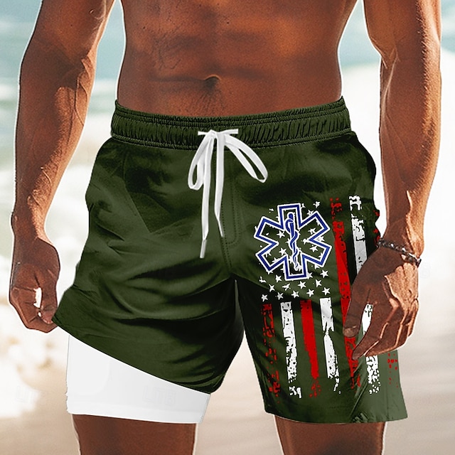 Jour de l'Indépendance Homme Drapeau américain Patriotique 4 juillet Short doublé Short de bain 2 en 1 Maillots de bain Taille Moyenne Fête Poches Latérales Avec doublure de compression Taille