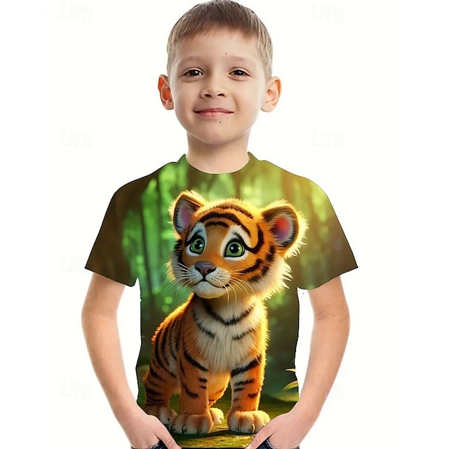  Boys 3D Animal Tiger T shirt Tee Short Sleeve Summer Spring Fashion Basic Kids 4-12 Years Crew Neck Outdoor Casual Daily Regular Fit