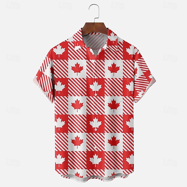 Canada Day Men's Plaid Checkered Maple Leaf Shirt Summer Shirt Button Up Shirt Short Sleeve Fashion Casual Holiday Summer Spring Turndown 3D Print Collared Shirts Front One Pocket Red