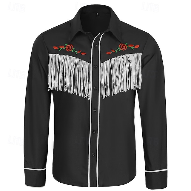  Homens Camisa Social camisa de verão Camisa casual camisa de praia camisa ocidental camisa de botão Preto Azul Marinha Caqui Manga Longa Côr Sólida Flor Lapela Férias Casual Bordado Roupa Elegante