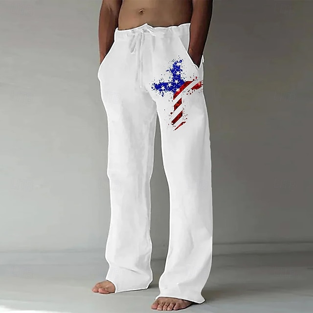  Independence Day Men's American US Flag Cross Patriotic Trousers Baggy Pants Casual Pants Mid Waist Casual Holiday Streetwear Drawstring Elastic Waist Wide Leg Summer Spring 3D Print White