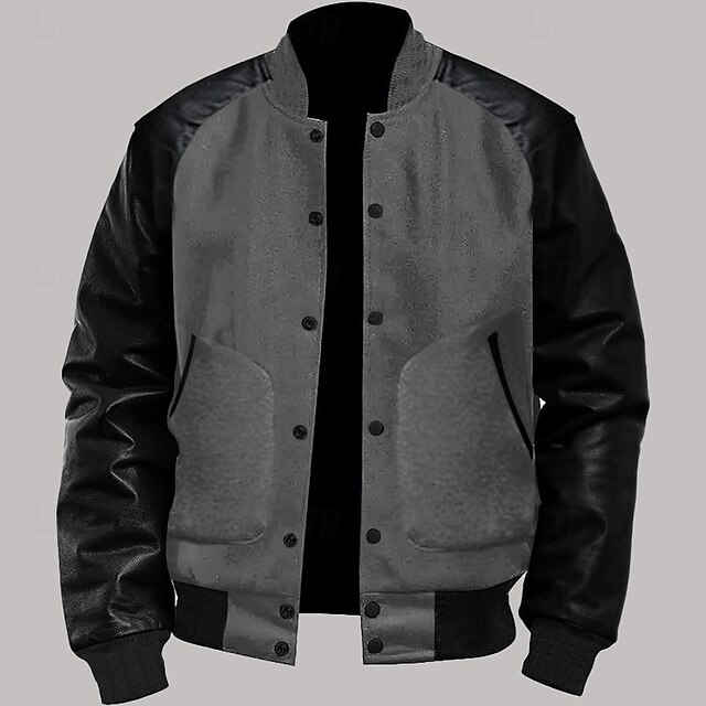 Men's Transition Jacket Varsity Jacket Daily Wear Leather Sleeved Spring & Fall Plain Streetwear Stand Collar Short Black White Light Grey Dark Gray Jacket 9