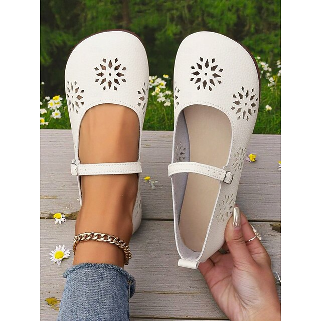 Women's Comfort Mary Jane Wide-Toe Flats with Floral Cutouts – Soft ...