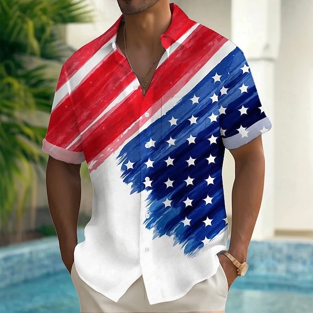  Independence Day Voor heren Amerikaanse Amerikaanse vlag Vaderlandslievend Vierde juli Overhemd Zomer overhemd Overhemd met knopen Korte mouw Mode-casual Feestdagen Zomer Lente Strijkijzer