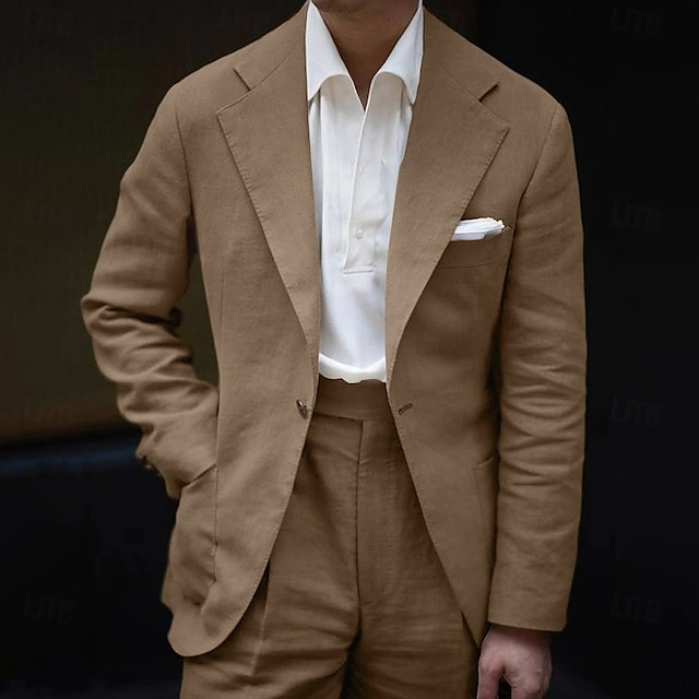  Completi da matrimonio casual in lino da uomo caffè moda festa estate tinta unita taglio standard 2 pezzi con un bottone