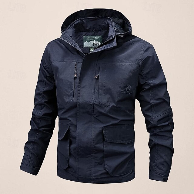  Men's Outdoor Jacket Transition Jacket Hiking Removable Multiple Pockets All Seasons Plain Casual Hooded Regular Black Khaki Dark Blue Gray Jacket