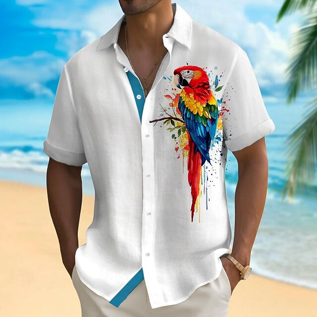 Men's Bird Parrot Summer Hawaiian Shirt Button Up Shirt Aloha Shirt Short Sleeve Hawaiian Vacation Holiday Beach Wear Summer Spring Turndown 3D Print Linen Like Shirt White4