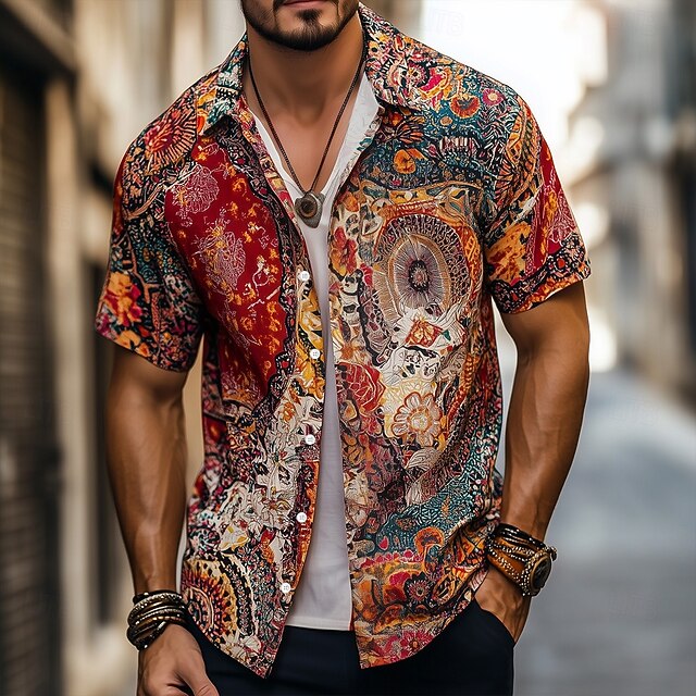 Men's Retro Indian Boho Shirt Summer Hawaiian Shirt Button Up Shirt Short Sleeve Hawaiian Vacation Holiday Beach Wear Summer Spring Turndown 3D Print Collared Shirts Red4