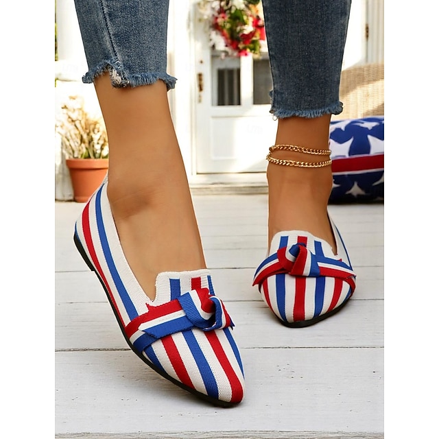  Patriottische gebreide flats voor dames - puntige platte schoenen met strikdetail voor onafhankelijkheidsdag, zomerpicknicks en vrijetijdskleding