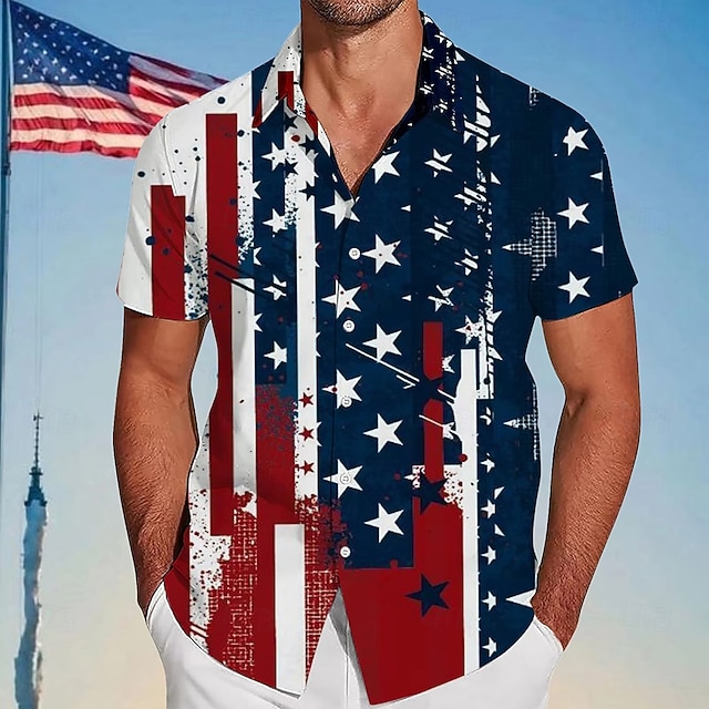  アメリカ独立記念日 男性用 ストライプ アメリカの米国旗 愛国 シャツ サマーシャツ ボタンアップシャツ 半袖 ファッションカジュアル アウトドア 祝日 夏 春 折襟 3Dプリント 襟付きシャツ ルビーレッド ダークブルー