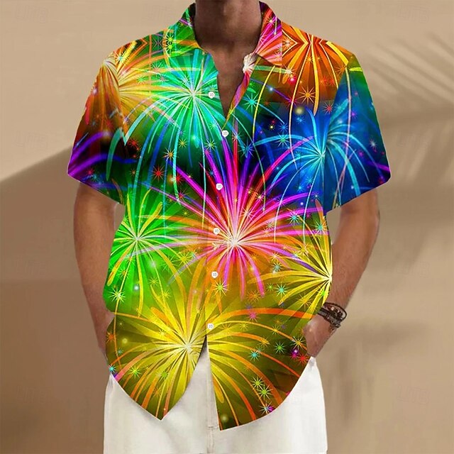 Independence Day Men's Patriotic Fireworks Shirt Summer Shirt Button Up Shirt Short Sleeve Fashion Casual Holiday Summer Spring Turndown 3D Print Collared Shirts Front One Pocket Yellow4
