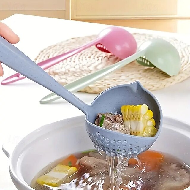  2er-Pack Suppen- und Schlitzlöffel-Set aus Weizenstroh, umweltfreundliche Schöpfkelle aus Kunststoff mit langem Griff für Hot Pot, wiederverwendbare Küchenutensilien