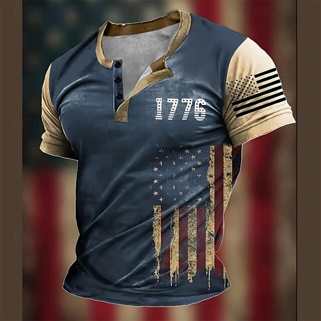 Men's Flag T Shirt Henley Shirt Short Sleeve Designer Retro Vintage Henley Street Casual Daily Summer Spring Navy Blue Henley Henley T-Shirt4