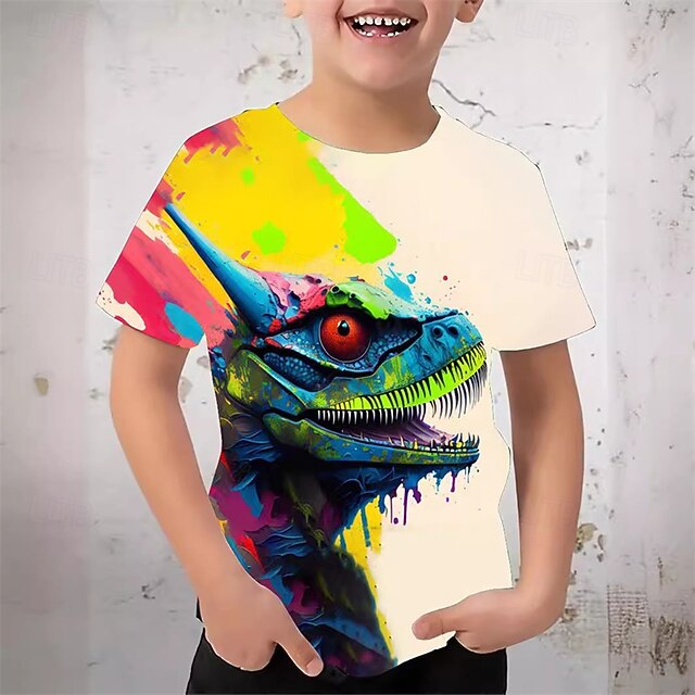  Poikien 3D Eläin Dinosaurus T-paita Lyhythihainen Kesä Kevät Muoti Perus Lapset 4-12 vuotta Tiukka pyöreä kaula-aukko ulko- Kausaliteetti Päivittäin Normaali