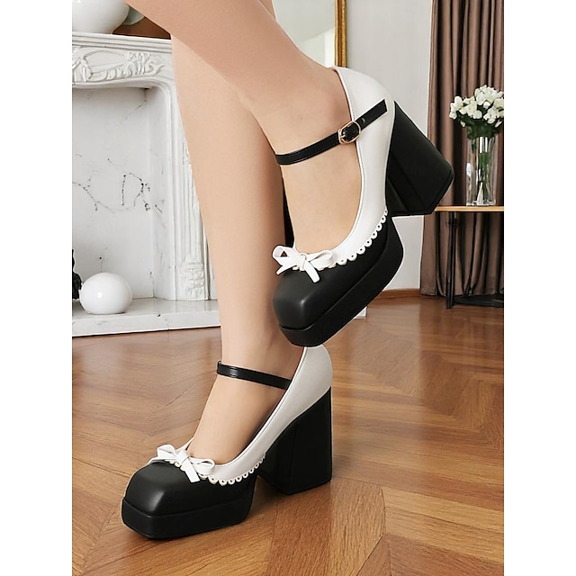  Escarpins Mary Jane bleu clair et blancs à talons épais avec nœud, style Lolita vintage des années 1950 pour adolescentes et jeunes adultes, parfaits pour les tenues quotidiennes et les rendez-vous décontractés
