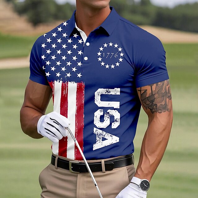 Giorno dell'Indipendenza Americana Per uomo Bandiera Americana Polo Manica Corta Magliette polo Camicie con Colletto Casual All'aperto Sportivo Abbigliamento quotidiano Stampa 3D Estate Blu