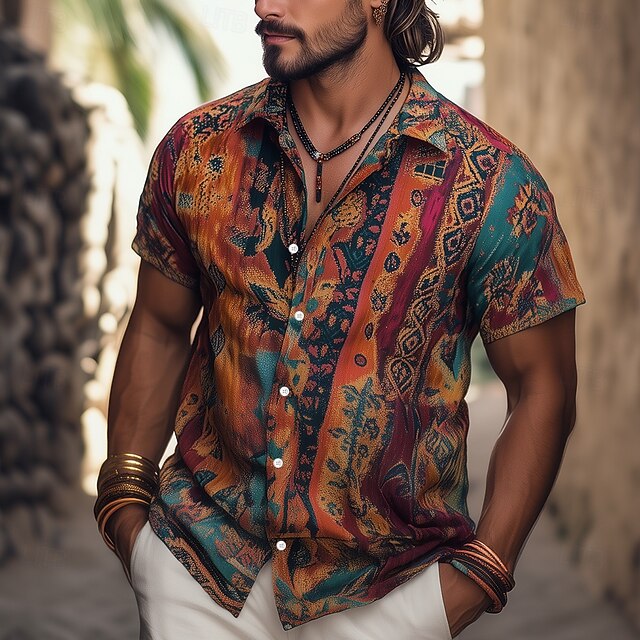 Men's Retro Indian Boho Shirt Summer Hawaiian Shirt Button Up Shirt Short Sleeve Hawaiian Vacation Holiday Beach Wear Summer Spring Turndown 3D Print Collared Shirts Brown4