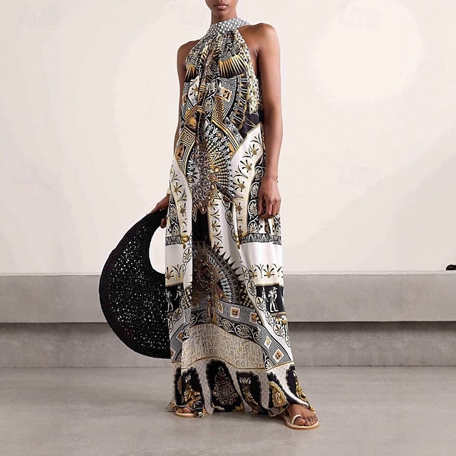  Per donna Abito Lungo Maxi Abito Vestito Casual Vestito a ruota Moda All'aperto Feste Ferie Vestibilità regolare Dipinto Senza Maniche All'americana Bianco Estate