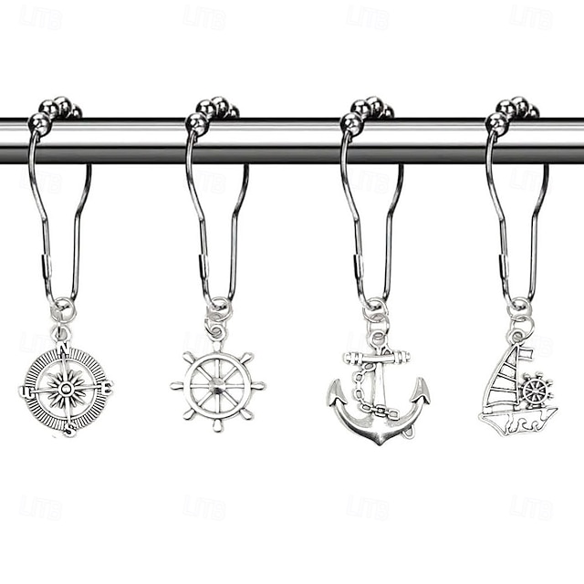 Nautical Shower Curtain Hook 1pc Rustproof Polished Chrome with Antique Silvery, Anchor & Rudder Pendants for Bathroom Decor