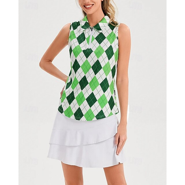 Women's Checkered Tennis Shirt Sleeveless Print UPF50+ Quick Dry Tennis Golf Badminton Zip Collar Tee Tshirt Top Green Tennis Clothing4
