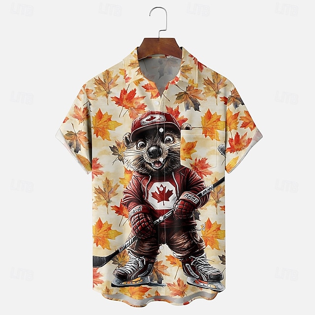  Canada Day Men's Maple Leaf Beaver Shirt Summer Shirt Button Up Shirt Short Sleeve Fashion Casual Holiday Summer Spring Turndown 3D Print Collared Shirts Front One Pocket Khaki