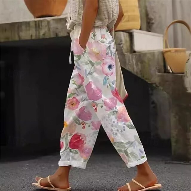 Women's Linen-Inspired Pants Cropped Pants Harem Pants Streetwear Boho Ankle-Length Mid Waist Flower Elastic Waist Breathable Comfortable Micro-elastic Outdoor Daily Wear Pink Summer Regular Fit4
