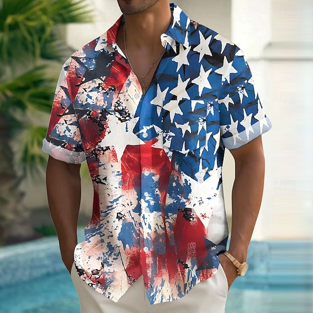  Independence Day Men's US Flag Patriotic Fourth of July Shirt Summer Shirt Button Up Shirt Short Sleeve Fashion Casual Holiday Summer Spring Turndown 3D Print Collared Shirts Front One Pocket Blue