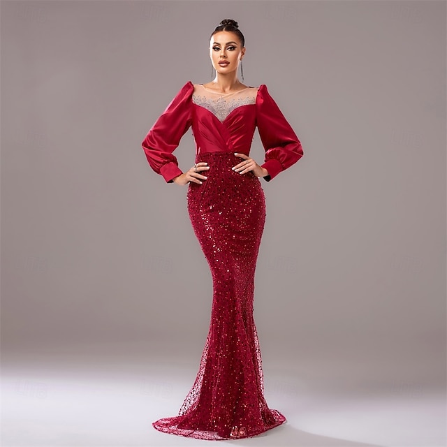  Robe de soirée noire cravate noire robe élégante mariage invité longueur au sol manches longues col rond sequins avec plis